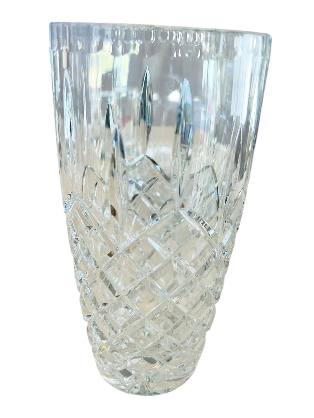 Vintage Cut Crystal Vase 8” Diamond Crisscross Starburst Base Heavy Crystal